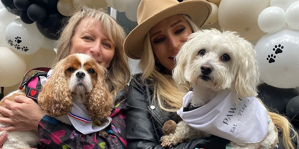 women and white brown dog smiling party